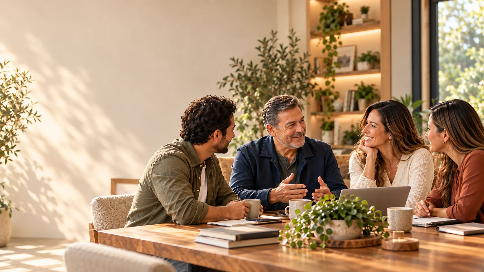 Grupo de personas conversando en un espacio cálido, moderno y profesional, representando comunidad, crecimiento y acompañamiento.